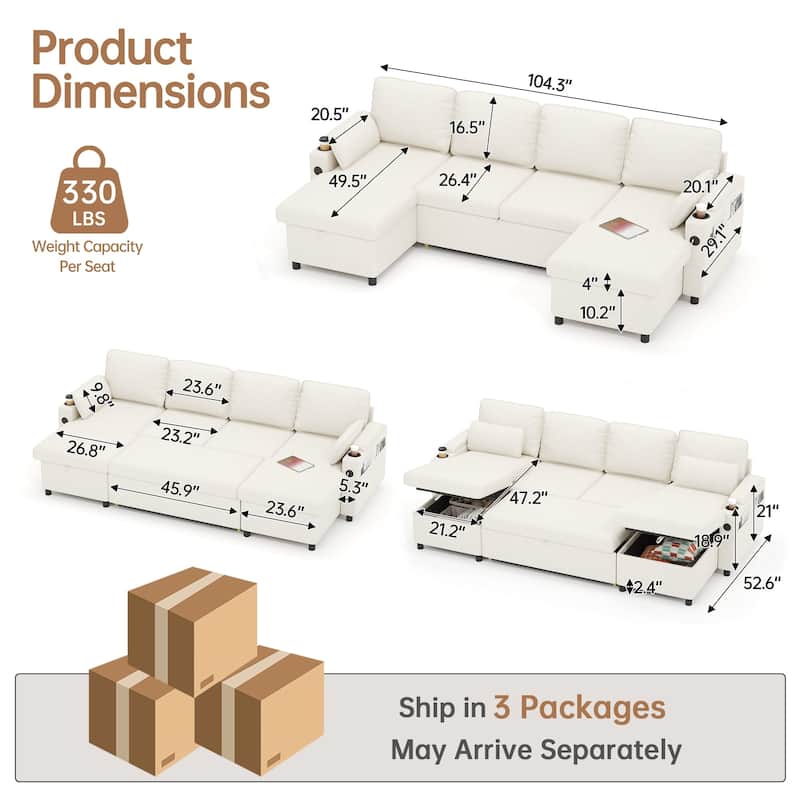 Convertible Sleeper Sofa 3-in-1 Pull Out Sectional Sofa Bed L/U-Shaped Couch with Storage Chaise