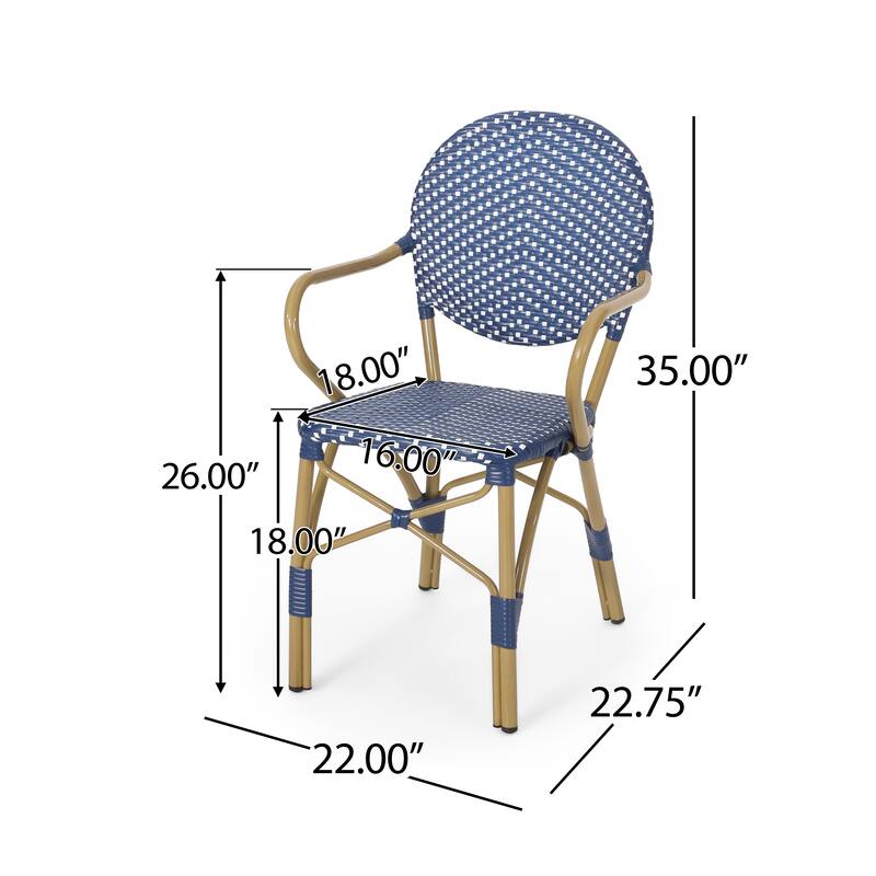 Roomfitters French Bistro Chair Set of 2, Outdoor Rattan Patio Dining Chairs with Armrests, Lightweight Stackable Design, Blue