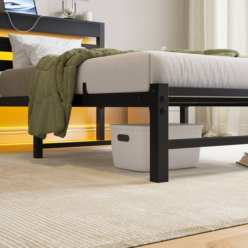 Twin Bed Frame LED Heavy Duty Platform Bed with Built-in USB Charging Station, Headboard, Heavy Duty Steel Slats Support