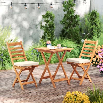 3 PCS Folding Bistro Set Acacia Wood Patio Furniture Set w/ Cushions