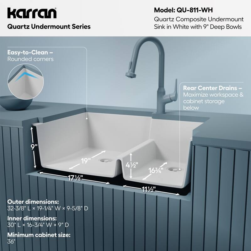 Karran Undermount Large/Small Bowl Quartz Kitchen Sink - 32" x 21.25" x 9" - 32" x 21.25" x 9"