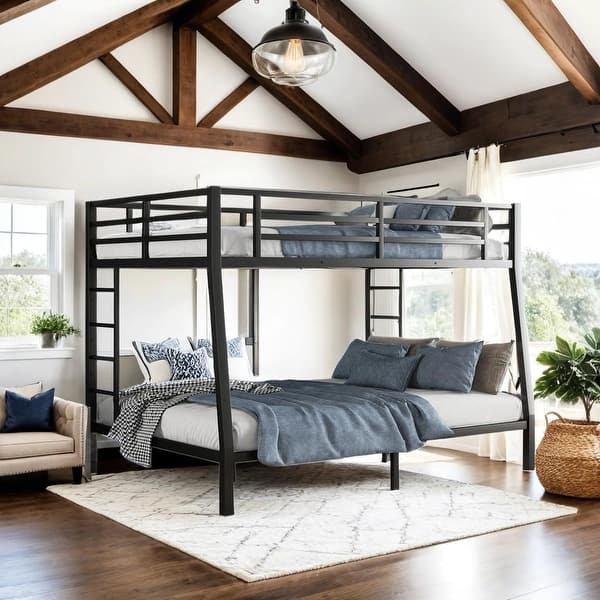 slide 2 of 8, Full XL over Queen Metal Bunk Bed with Dual Ladders, Black Black - Full