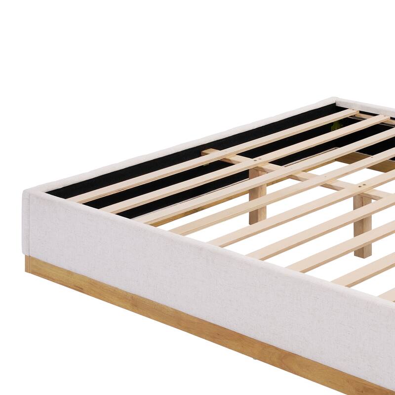 Upholstered Bed Frame Linen Fabric Platform Bed with 46''H Thick Headboard/Solid Wood Base/No Box Spring Needed/Noise Free/Beige
