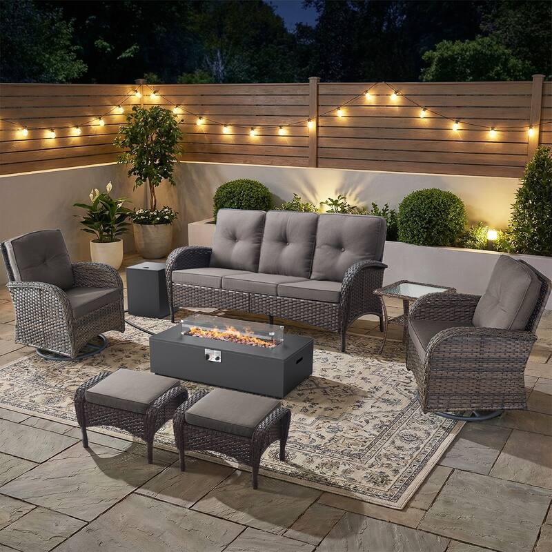 Pocassy 5/7 Piece Sofa Swivel Chair Ottoman with Fire Pit Table - Brown Wicker Gray Cushion - 7-Piece Sofa Swivel Chair Ottoman with Fire Table