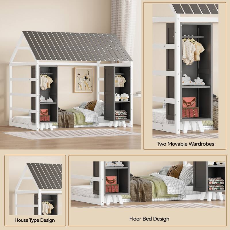 Wooden Twin Size House Bed with Fence and Roof, Kids Floor Bed with Two Movable Wardrobes, Gray