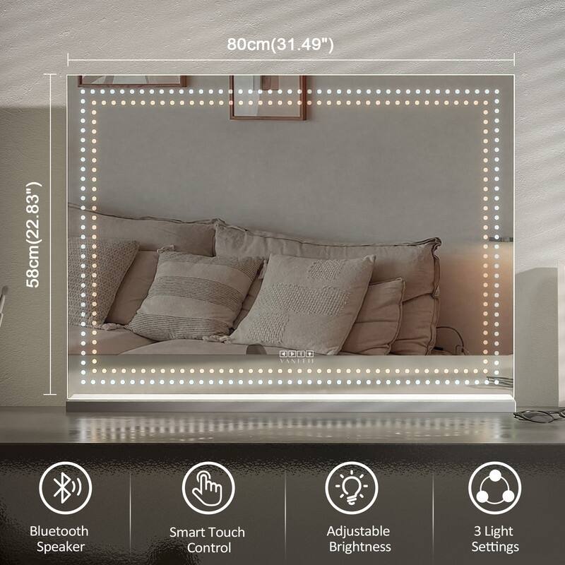 Hollywood 32'' x 23'' Vanity Makeup Mirror With LED Beads Wall Mount Bluetooth Speaker White