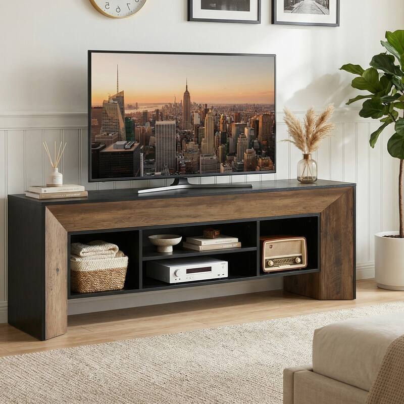 Farmhouse TV Stands for 70 inches TV, Wooden Entertainment Center with Open Storage Shelves for Living Room