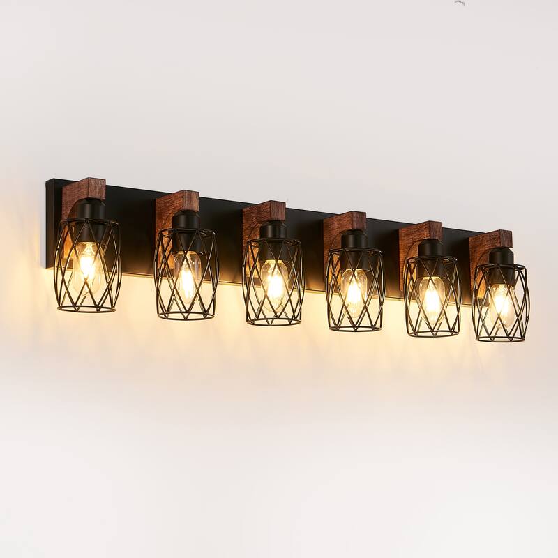 38" Industrial Vintage 6-Light Wall Sconce, Cage Wall Lighting Fixture - Walnut+black