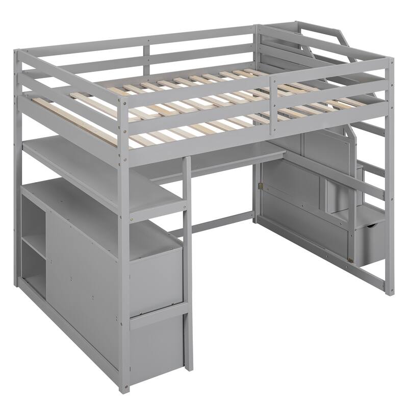 Stairway Loft Bed with L Shape Built-in Desk, Solid Wood High Loft Bedframe w/Shelves, Two Tier Drawers and Storage Staircase