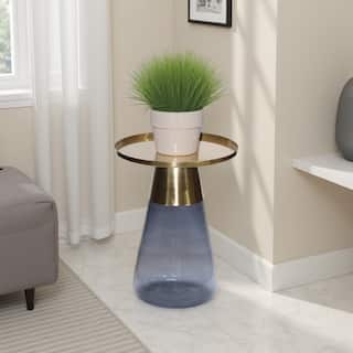 Palio Plant Stand Table, Round Gold Metal Top, Blue Glass Tapered Base