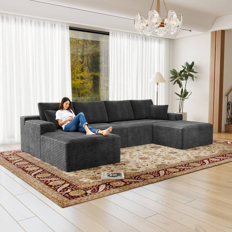 Roomfitters 131.9" Modular Sectional Sofa, 4-Piece Compressed Cloud Couch, No Assembly Required, Plush Corduroy, Grey