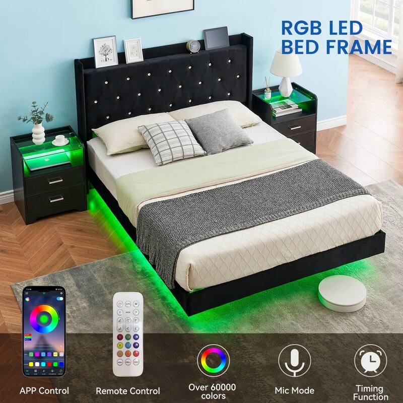 Floating Velvet Upholstered Bed Frame with LED Lights