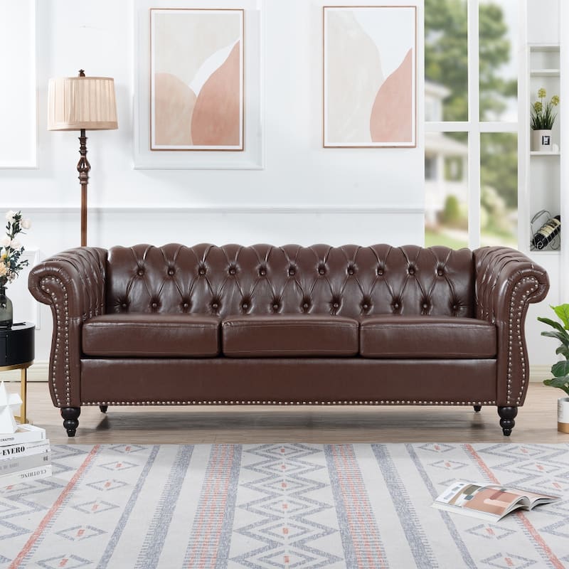 84.65" PU Rolled Arm Chesterfield 3 Seater Sofa - Brown