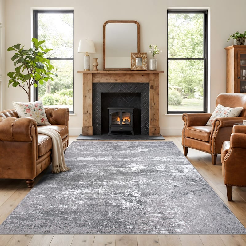 World Rug Gallery Distressed Abstract Watercolor Area Rug - 7'10" x 10' - Gray