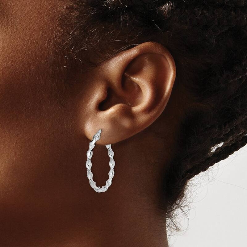 Curata 14k White Gold Textured Twist 26x2.5mm Hinged Hoop Earrings