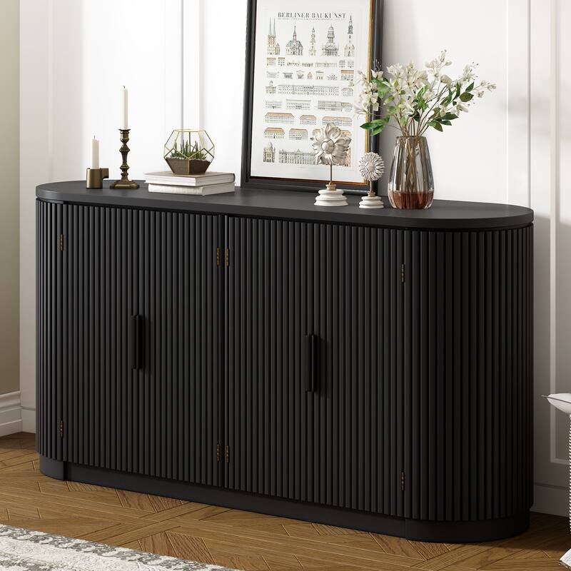 Vertical Striped Door Storage Cabinet with Metal Handles Adjustable,for Living Room - Black