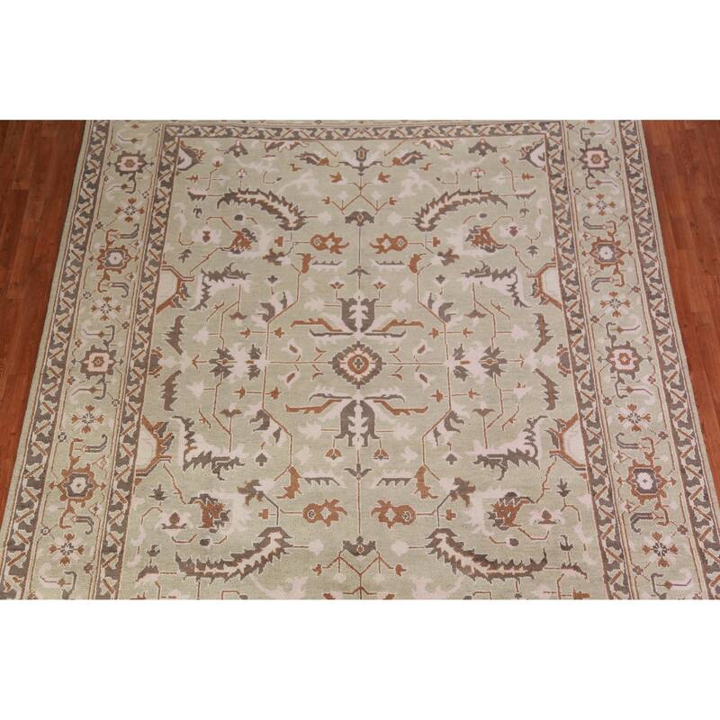 All-Over Light Green Oushak Indian Area Rug Handmade Wool Carpet - 9'1" x 11'10"