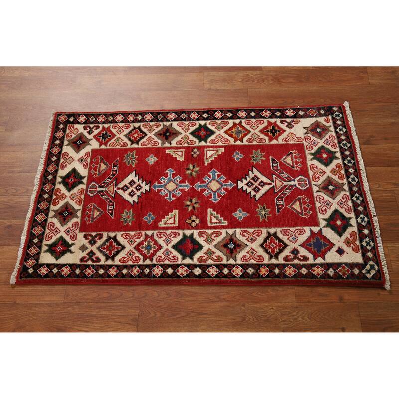 Red Geometric Kazak Oriental Accent Rug Hand-Knotted Wool Carpet - 2'0"x 3'0"