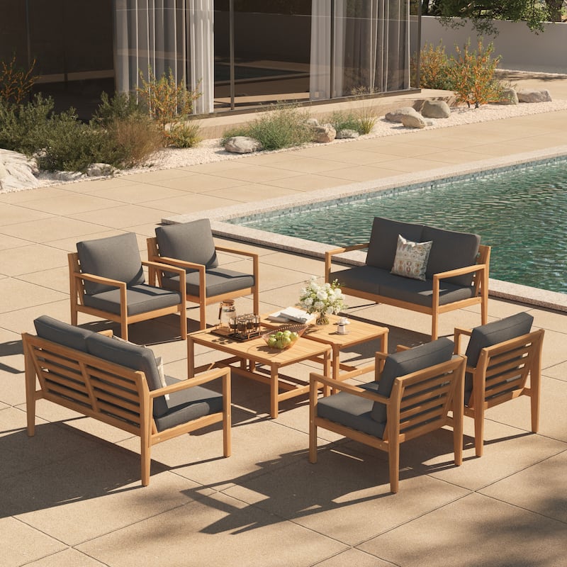 Outdoor Conversation Set with Coffee Table in Acacia Wood 8-Piece Sofa Set - Natural&Grey