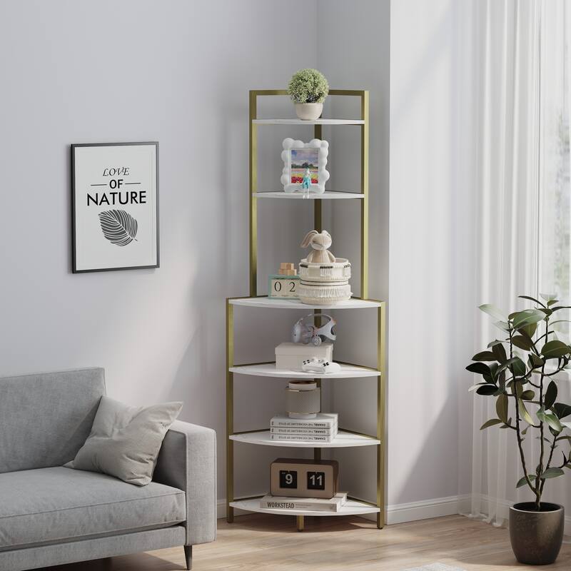 6-Tier Corner Open Shelf Bookcase Wood Rack Freestanding Shelving Unit,Plant Album Trinket Sturdy Stand Small Bookshelf