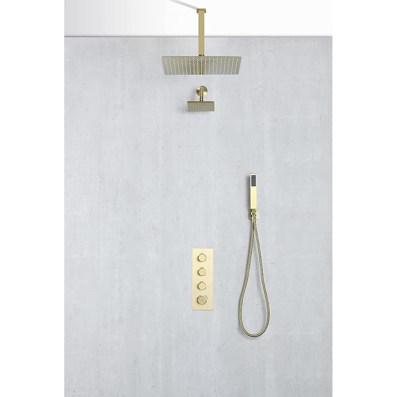 brushed gold dual shower heads 3 way thermostatic shower system - 7'6" x 10'9"