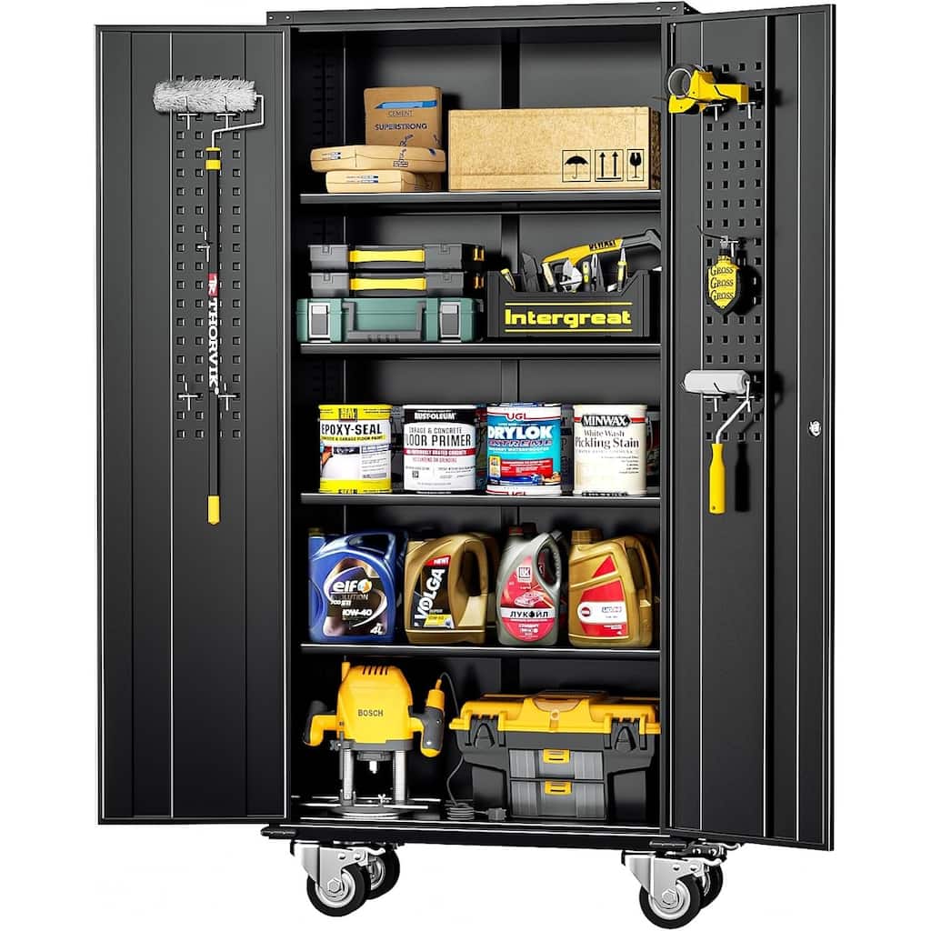 75 inch Metal Garage Storage Rolling Tool Cabinet with Locking Doors and Adjustable Shelves