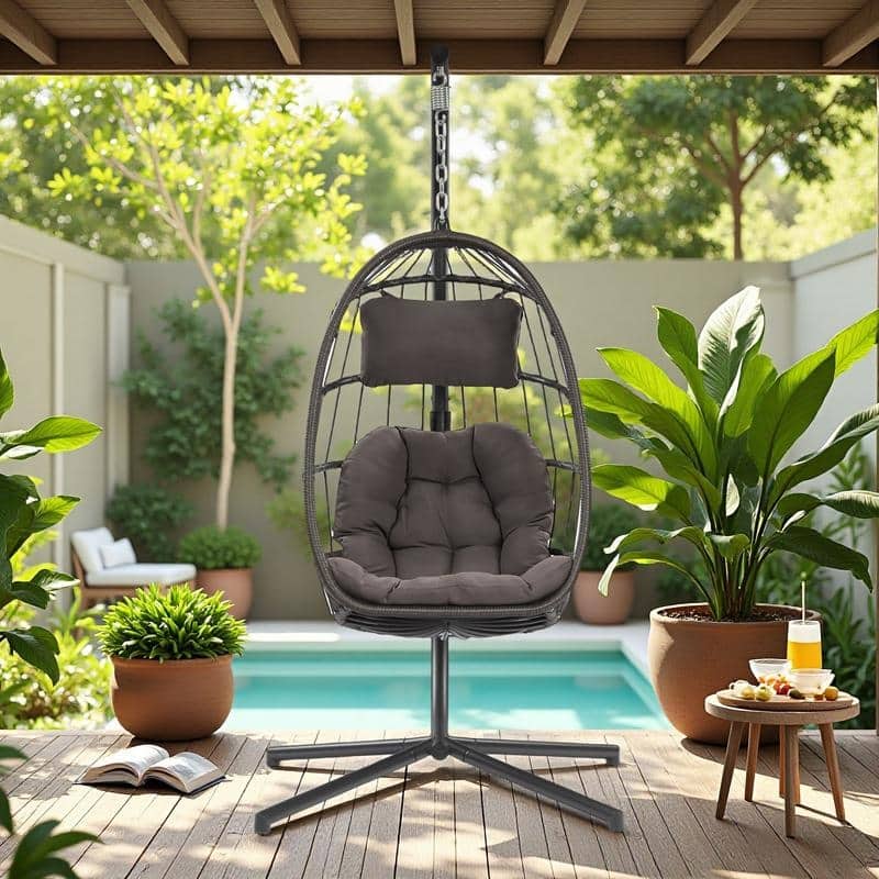 Aluminum Frame Wicker Egg Chair with Outdoor Patio Hanging Swing and UV-Resistant Cushion - 聽DARK GREY