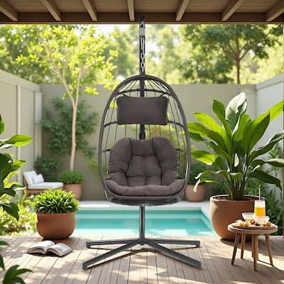 Aluminum Frame Wicker Egg Chair with Outdoor Patio Hanging Swing and UV-Resistant Cushion