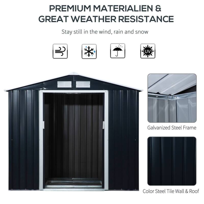 Dark Grey Galvanized Steel Outdoor Storage Shed with Sliding Doors and Vents - 83.75” W x 51.25” D x 72.75” H