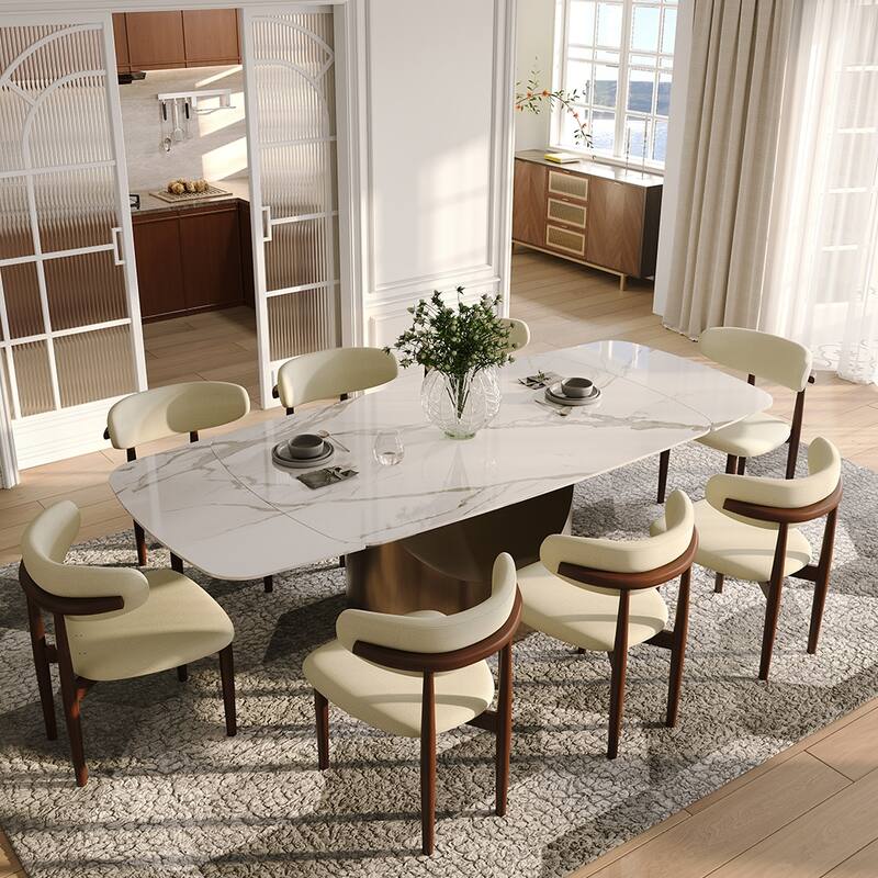 63-95"Extendable Modern Dining Table for 6-10, White Glossy Sintered Stone Tabletop, Bronze Carbon Steel Smile Legs
