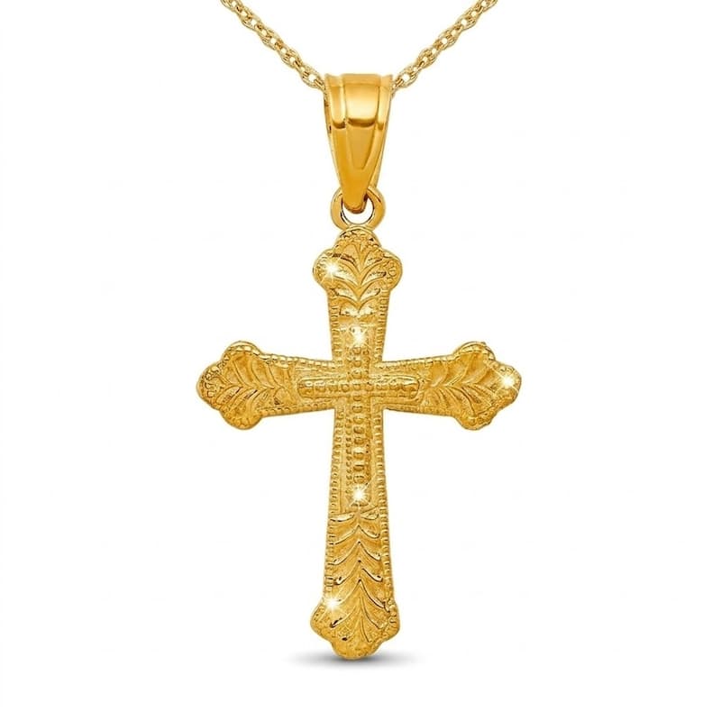 Curata 10k Yellow Gold 18" Textured Budded Cross Pendant Necklace - 25x13mm