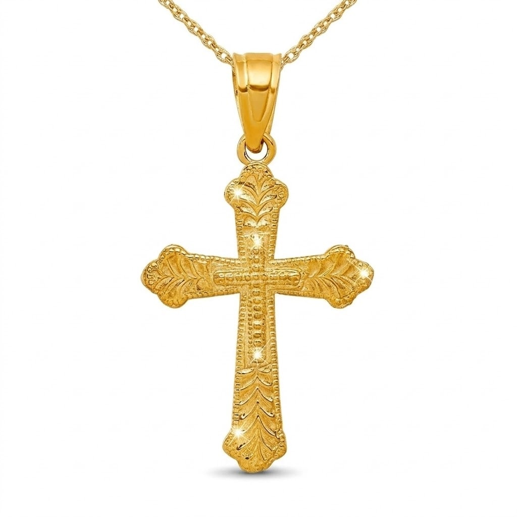 Curata 10k Yellow Gold 18" Textured Budded Cross Pendant Necklace - 25x13mm