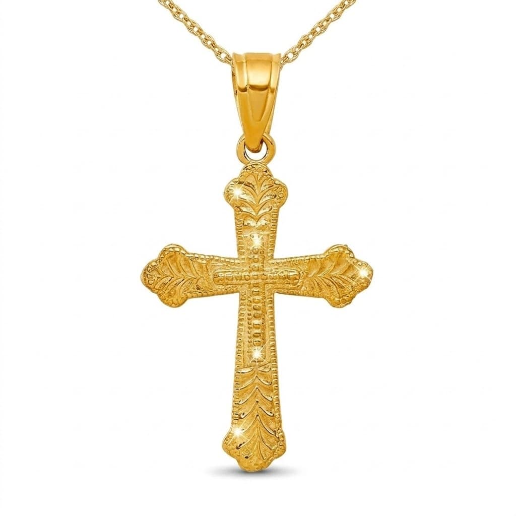 Curata 10k Yellow Gold 18" Textured Budded Cross Pendant Necklace - 25x13mm