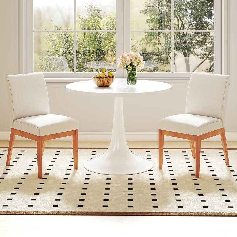 Beige Rubber Wood Upholstered Dining Chairs Set of 2 with Cushioned Seats and Back - 17.5" x 23" x 34"