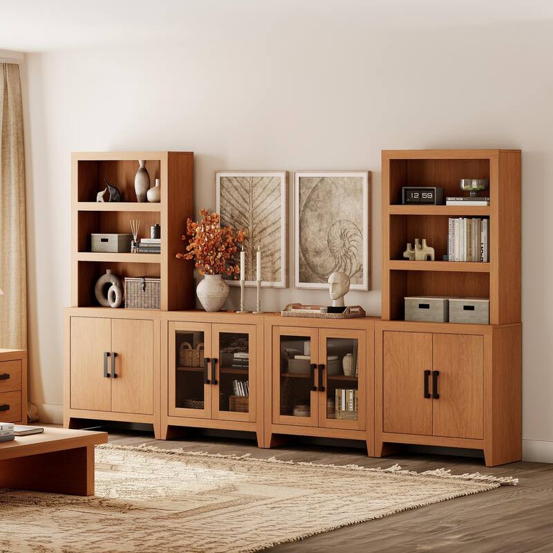 WAMPAT Large Entertainment Center with Bookshelves, Farmhouse TV Stand with Storage Cabinets & Glass Doors
