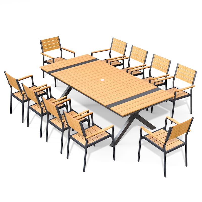 Pellebant 11PC Aluminum X Frame Outdoor Patio Dining Set Table with Stackable Armchairs