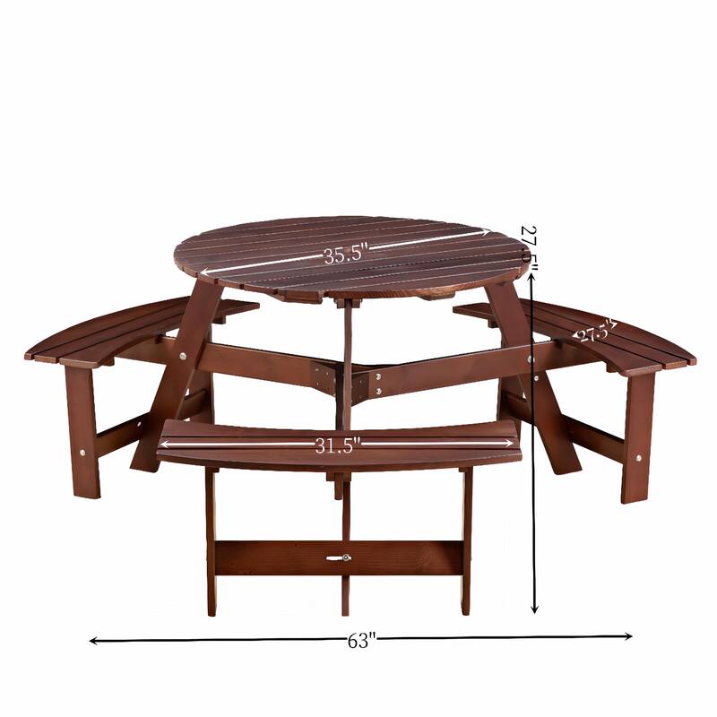 Outdoor 6 Person Round Picnic Table with Bench, Umbrella Hole for Garden, Backyard, Porch, Patio