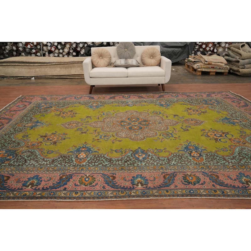 Hand Knotted Oriental 100% Wool Carpet Traditional Medallion Green Tabriz Area Rug - 13' 5'' X 9' 11''
