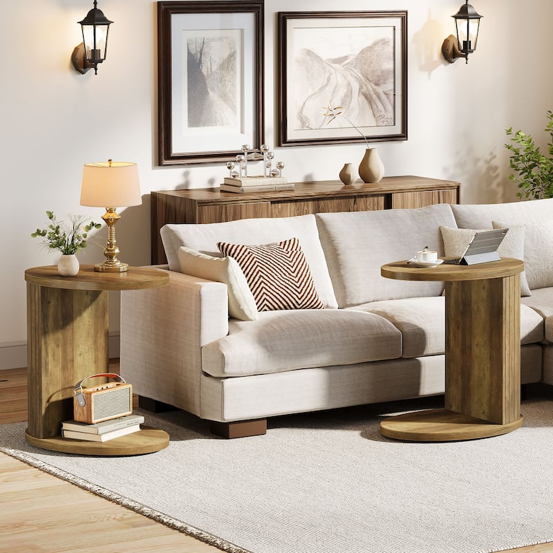 C-Shaped End Table for Couch, Fluted Sofa Side Table with Storage Shelf