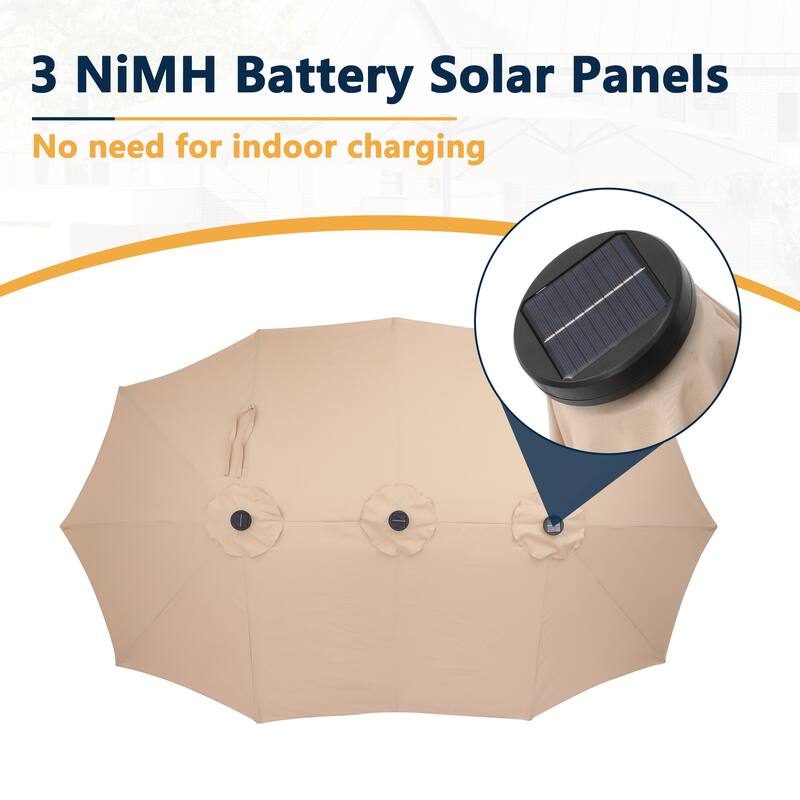 15 Ft Outdoor Solar Detachable Lights Rectangular Crank Market Umbrella with Base