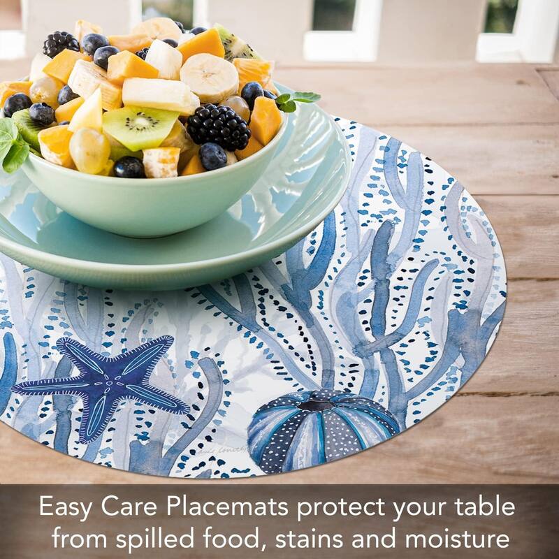 Wipe-Clean Reversible Round Shaped Placemats, Indigo Coastal, Set of 4, Made in The USA