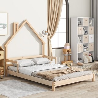 Natural Full Size Pine Wood House-Shaped Headboard Floor Bed with Handrails and Slats