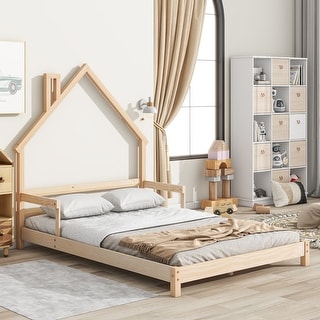 Natural Full Size Pine Wood House-Shaped Headboard Floor Bed with Handrails and slats for Bedroom