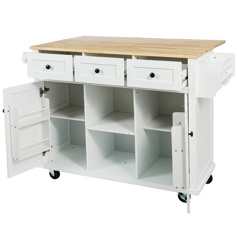 53.10 '' Rubberwood Kitchen Cart with Drop-Leaf, Adjustable Shelf, Rolling Wheels, and 3 Drawers - 53.1'' x 29.5'' x 37.2''