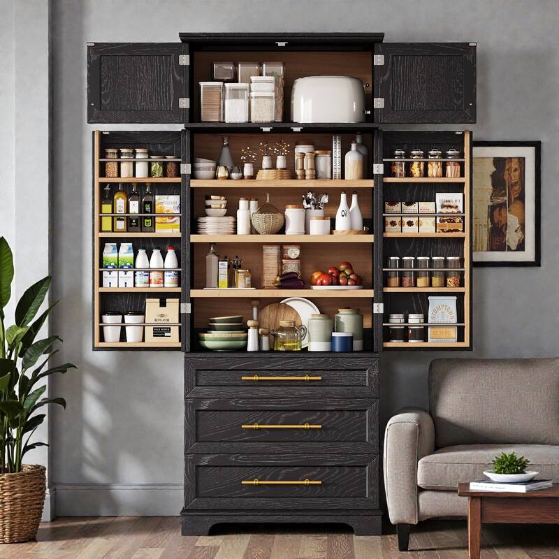 78.2" Farmhouse Kitchen Pantry Cabinet with 8 Door Shelves, 3 Adjustable Shelves and 3 Drawers for Kitchen & Dining Storage