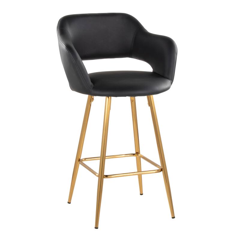 Porch & Den Vallen 26" Fixed-Height Faux Leather Counter Stool with Metal Legs & Square Footrest (Set of 2) - Black Faux Leather/Gold Metal