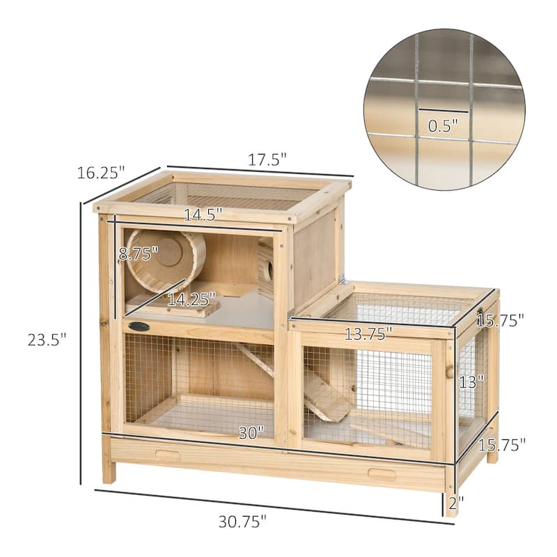 Natural Fir Wood Hamster Cage with Plexiglass Window and Multi-Level Play - 30.75"L x 16.25"W x 23.5"H