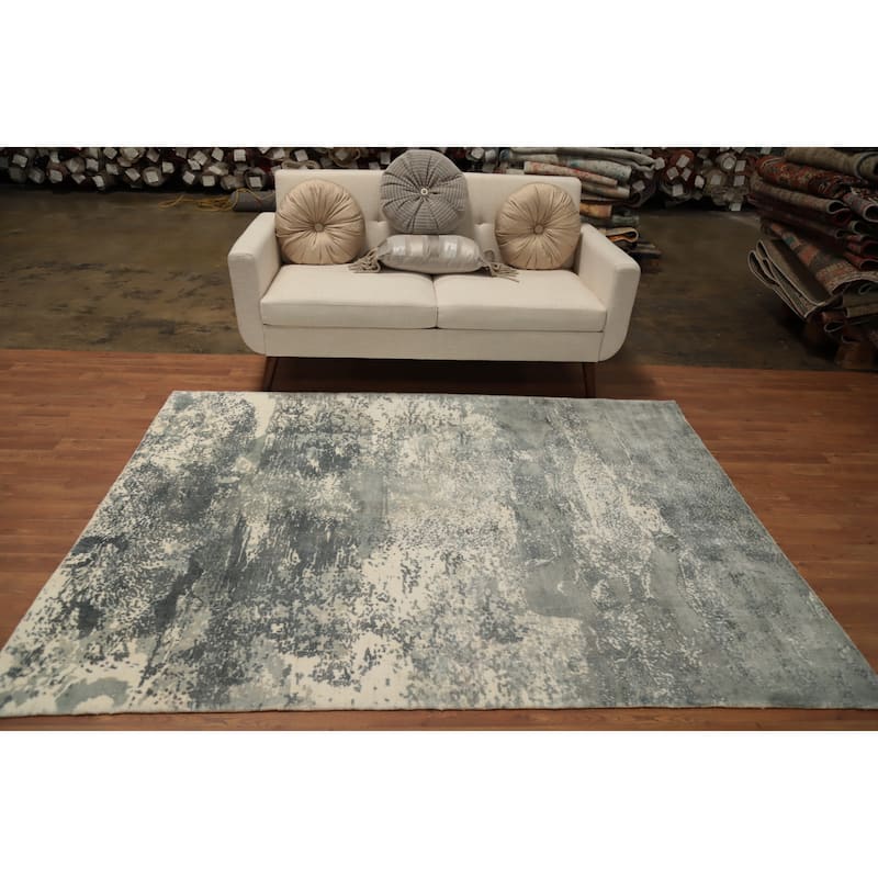 Hand Knotted Oriental Viscose Silk Carpet Modern Abstract Beige & Ivories Abstract Area Rug - 7' 2'' X 5' 4''