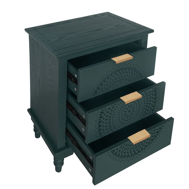 Roomfitters Hollow Carved 3 Drawer Dresser, Accent Storage Cabinet with Metal Handles, Green