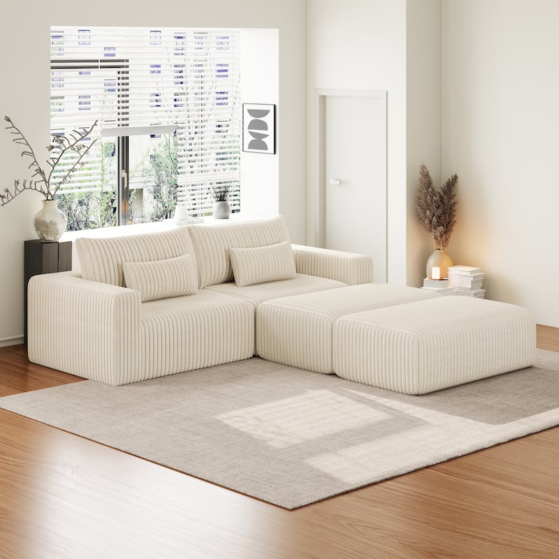 102" Corduroy Lounge Sectional Sofa with 2 Footstools - Beige